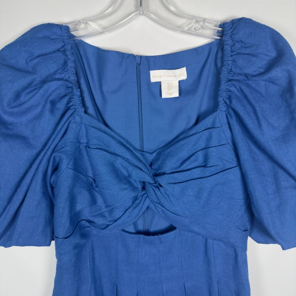 House of Harlow 1960 Blue Linen Twist Front Pleated Puff Sleeve Dress Women Sz 0 - Picture 2 of 5